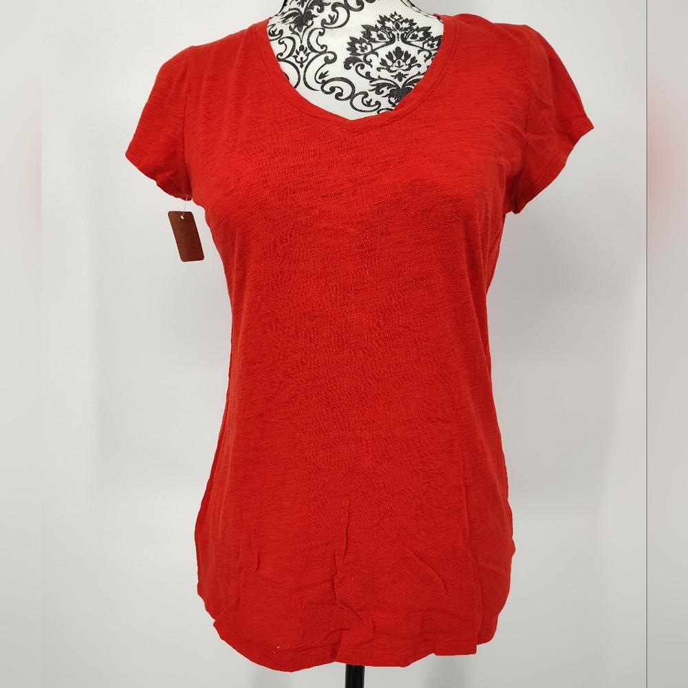 JC Penney Bright Orange Short Sleeve V-Neck Top Women's Small